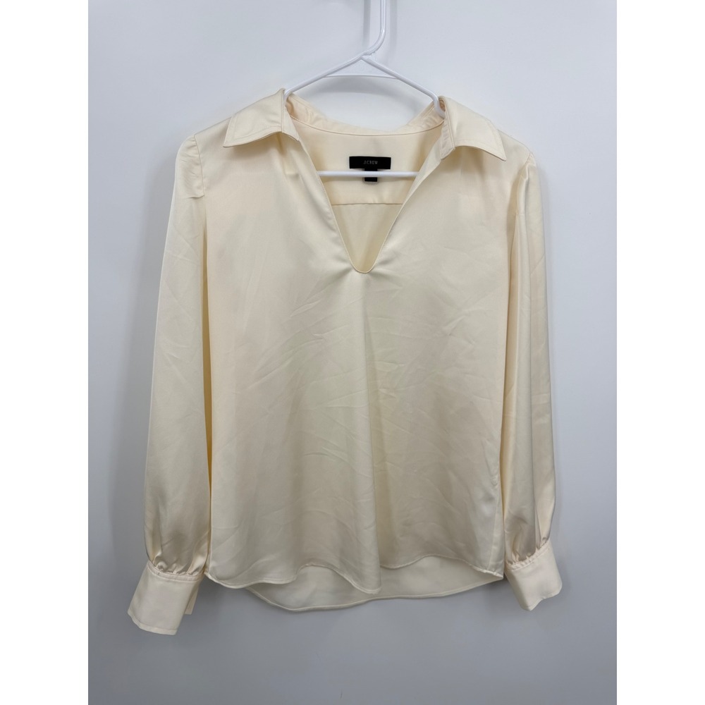 J.Crew BB279 Satin V-Neck Blouse Women Size S Ivory Cream Long Sleeve Top